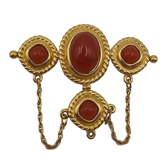 VTG Trifari Brooch Gold Plated Italy Etruscan Revival Red Jasper Stone Pin - Picture 1 of 11